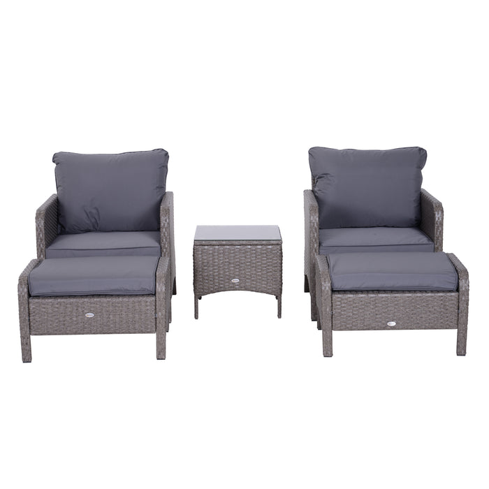 2 Seater Rattan Garden Lounge Set - Wicker Weave Sofa and Chair with Footstool, Coffee Table, Thick Cushions in Dark Grey - Ideal for Patio, Conservatory or Garden