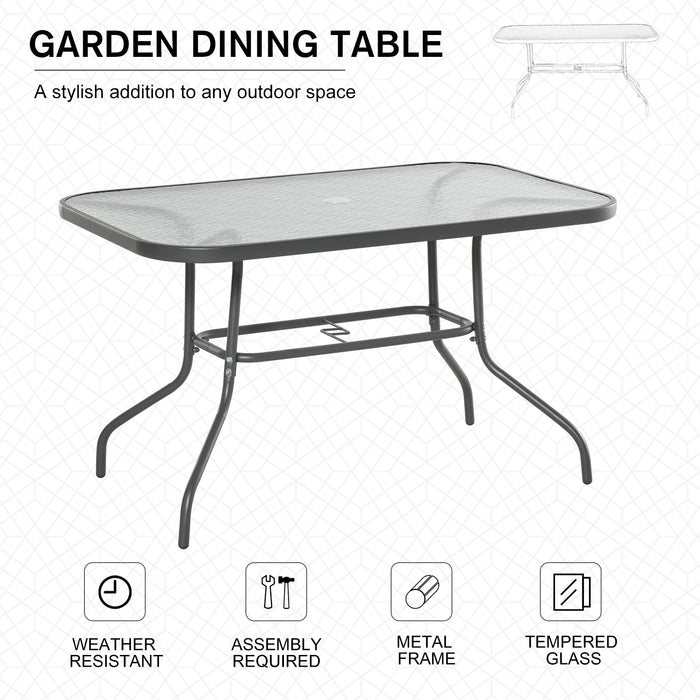 Curved Metal Framed Glass Top Dining Table - Outdoor Garden and Balcony Furniture with Parasol Hole - Sturdy Grey Table for Family and Friends Entertainment