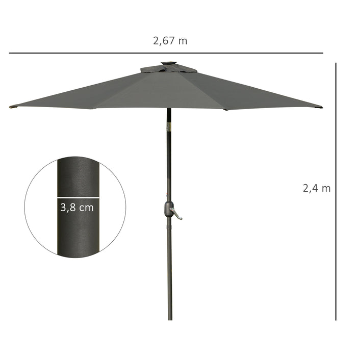 Patio LED Umbrella with Push Button Tilt/Crank - 2.7m Garden Parasol with 8-Rib Sun Shade, Grey - Perfect for Outdoor Table & Market Shelter