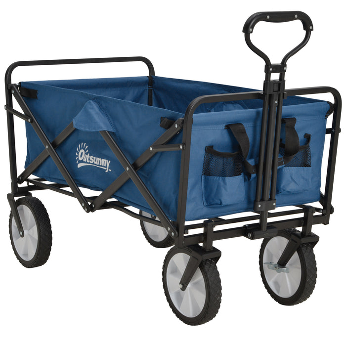 Folding Beach and Garden Cart - Pull Along Wagon with Telescopic Handle in Blue - Ideal for Outdoor Gear Hauling