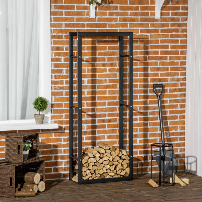 Tall Metal Firewood Rack - Indoor/Outdoor Fireplace Wood Storage Shelf, Black - Keeps Logs Neatly Stacked & Accessible, 60Wx25Dx150H cm