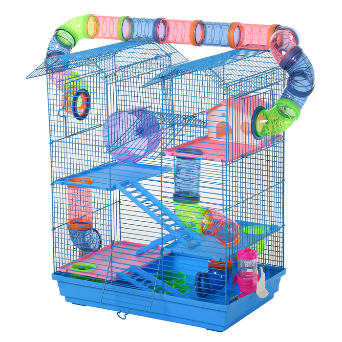 5-Tier Hamster Cage with Accessories - Exercise Wheels, Tunnel Tube, Water Bottle, Feeding Dishes, and Ladder Habitat - Perfect for Dwarf Mice and Small Rodents, Blue