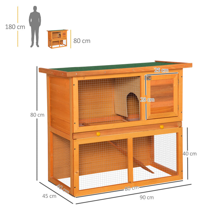 Double Decker Wooden Hutch for Rabbits and Guinea Pigs - 2-Tier Pet Cage with Sliding Tray and Opening Top - Ideal for Small Animal Housing and Easy Maintenance