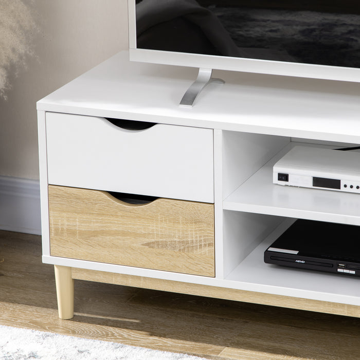 Modern TV Stand with Storage - Accommodates Up to 55" TVs, Shelves & Drawers, 120cm x 40cm x 44.5cm - Ideal for Organized Media Setup in White and Natural Finish