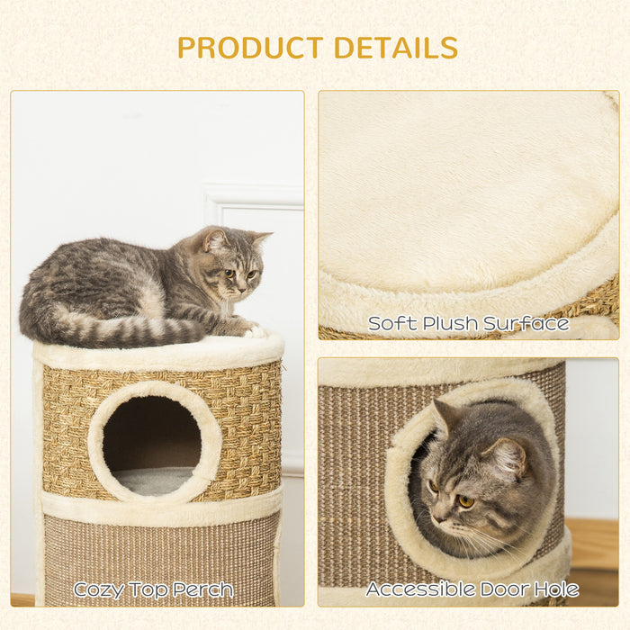 Kitten Tree Tower with Scratching Barrel - Pet Furniture Climbing Frame with Sisal and Seaweed Rope - Cozy Platform for Cats with Soft Plush Surface