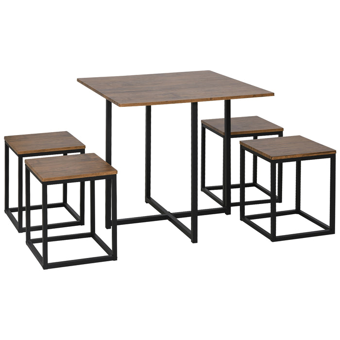 Industrial 5-Piece Table and Stool Dining Set - Stylish Square Design with Metal Frame in Cool Black and Brown - Compact Seating Solution for Home Dining Spaces