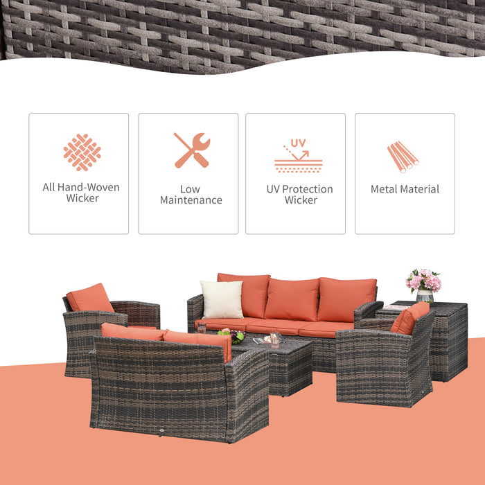 7-Seater Rattan Wicker Sofa Set - Mixed Brown Outdoor Sectional Patio Conversation Furniture with Storage Table & Cushions - Ideal for Group Gatherings and Entertaining Guests