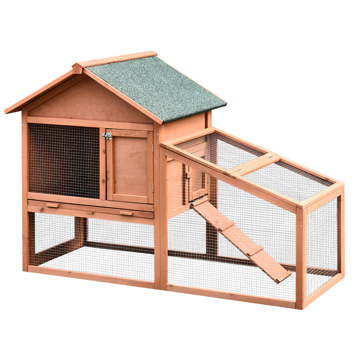 2 Tier Rabbit Hutch with Ramp - Solid Wood Bunny House, Water-Resistant Asphalt Roof, Sliding Tray, 144x64.5x100 cm, Red/Brown - Ideal for Small Pet Security and Comfort