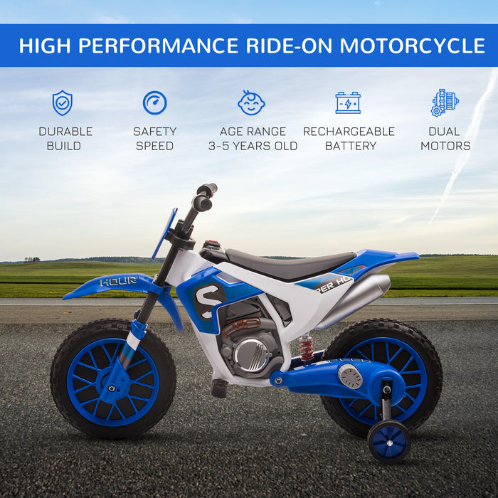 Kids Electric Motorbike - 12V Ride-On Motorcycle with Training Wheels, Blue - Perfect for 3-5-Year-Old Children