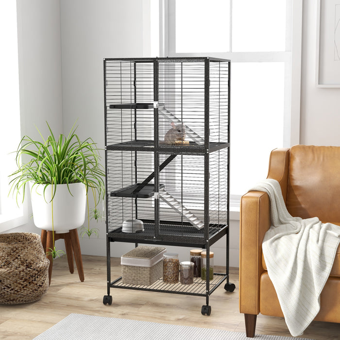 Rolling Chinchilla Cage with Accessories - Multi-Level Small Animal Habitat with 3 Access Doors, Storage Shelf & Removable Trays - Ideal for Ferrets, Includes Food Bowl & Water Bottle