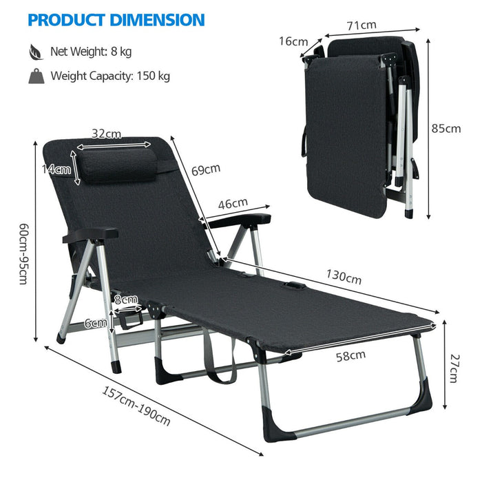 Outdoor Chaise Lounger- Folding Design with Detachable Pillow and Cup Holder in Black - Ideal for Patio Relaxation and Outdoor Comfort