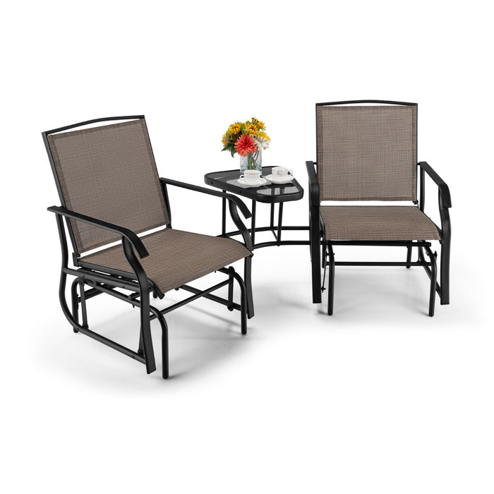 Double Swing Glider Chair Set - Outdoor Furniture with Table and Umbrella Hole, Brown - Ideal for Patio Relaxation and Entertaining
