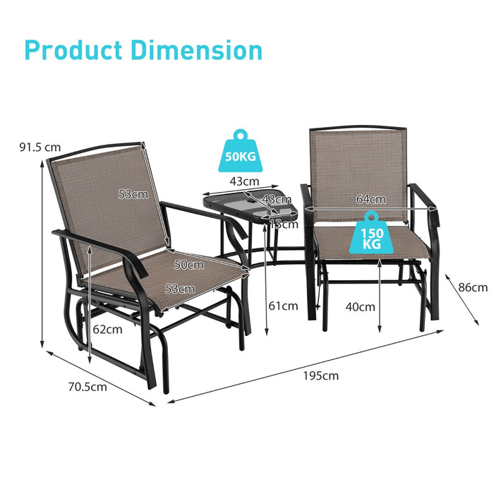 Double Swing Glider Chair Set - Outdoor Furniture with Table and Umbrella Hole, Brown - Ideal for Patio Relaxation and Entertaining