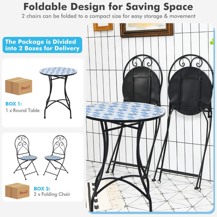 Mosaic Design 3-Piece Set - Outdoor Patio Bistro Furniture with Folding Chairs - Perfect for Relaxing in Garden or Balcony