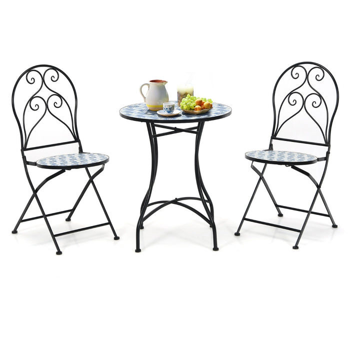 Mosaic Design 3-Piece Set - Outdoor Patio Bistro Furniture with Folding Chairs - Perfect for Relaxing in Garden or Balcony