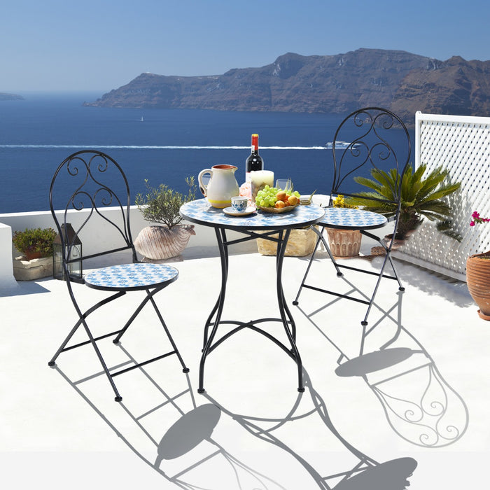 Mosaic Design 3-Piece Set - Outdoor Patio Bistro Furniture with Folding Chairs - Perfect for Relaxing in Garden or Balcony