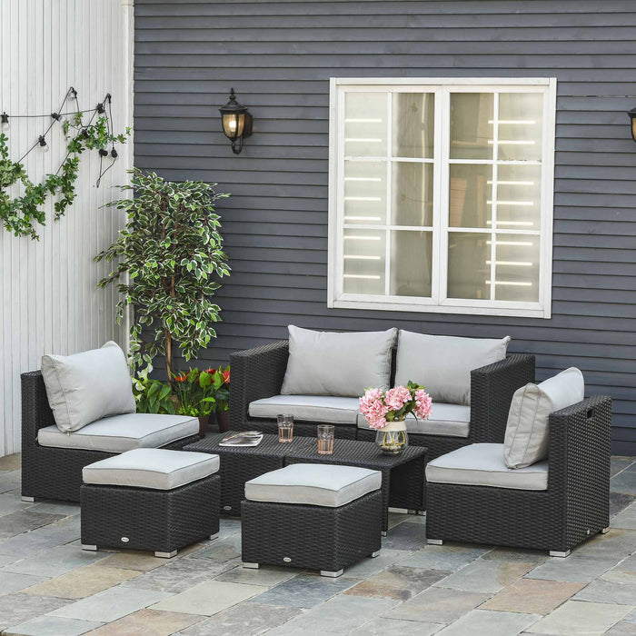 6-Seater Rattan Wicker Garden Sofa Set - Outdoor Furniture Set with Coffee Table & Space-Saving Footstools - Comfortable Seating with Padded Cushions for Patio or Deck