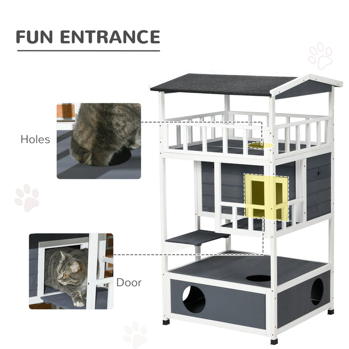 Cats Fir Wood 3-Tier Playhouse - Waterproof Multi-Level Feline Entertainment Center - Ideal for Outdoor Cat Adventures and Relaxation