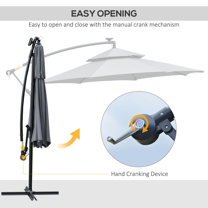 Cantilever Banana Parasol with Solar LED Lights - Outdoor Double-Roof Hanging Umbrella, Crank System, 8 Rib Support - Ideal for Garden & Patio Shade