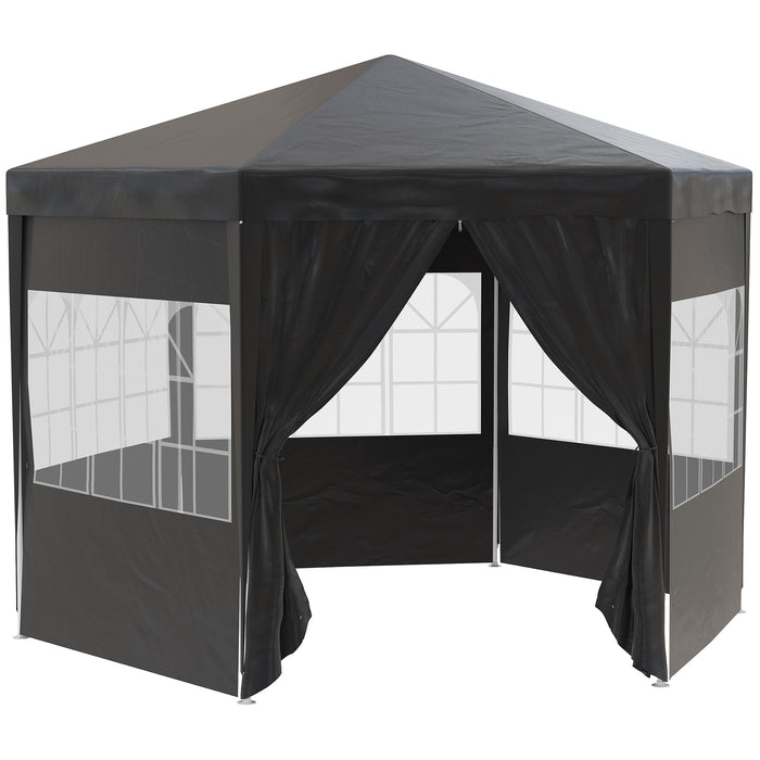 Hexagonal Gazebo Party Tent with Removable Walls - 4m Outdoor Canopy with Windows & Doors, Black - Ideal for Gatherings & Events