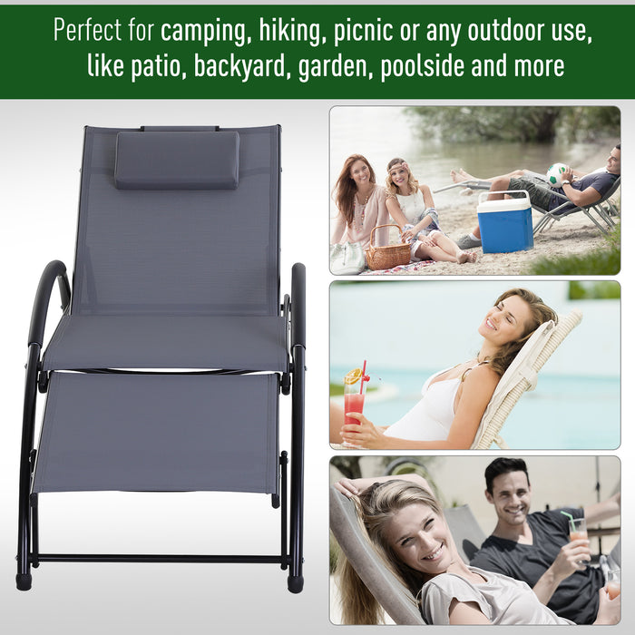 Adjustable Aluminum Sun Lounger with Half Circle Armrest - Textilene Seat & Pillow, Head & Footrest for Garden Patio - Grey Outdoor Relaxation Chair for Comfort & Leisure