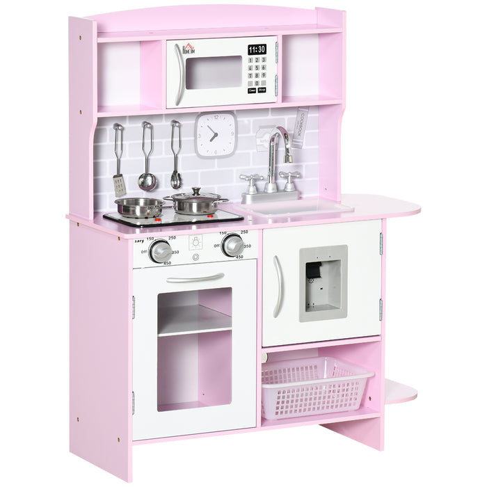 Interactive Wooden Play Kitchen Set - Featuring Lights, Sounds, Water Dispenser, Microwave & Sink - Ideal Gift for Toddlers Aged 3-6, in Playful Pink