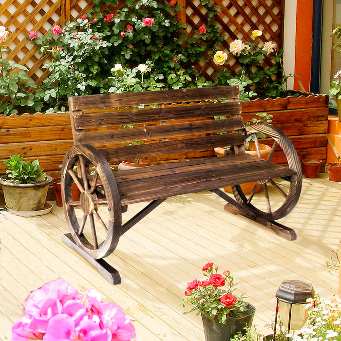 2-Seater Wooden Garden Bench with Rustic Wagon Wheel Design - High Back, Brown Outdoor Seating - Ideal for Patio Decor and Relaxation