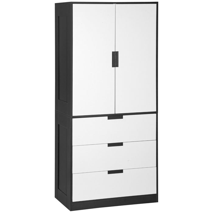 Modern 2-Door Wardrobe with 3 Drawers and Hanging Rod - Sleek White Bedroom Clothing Storage Solution - Ideal for Organizing Garments and Accessories