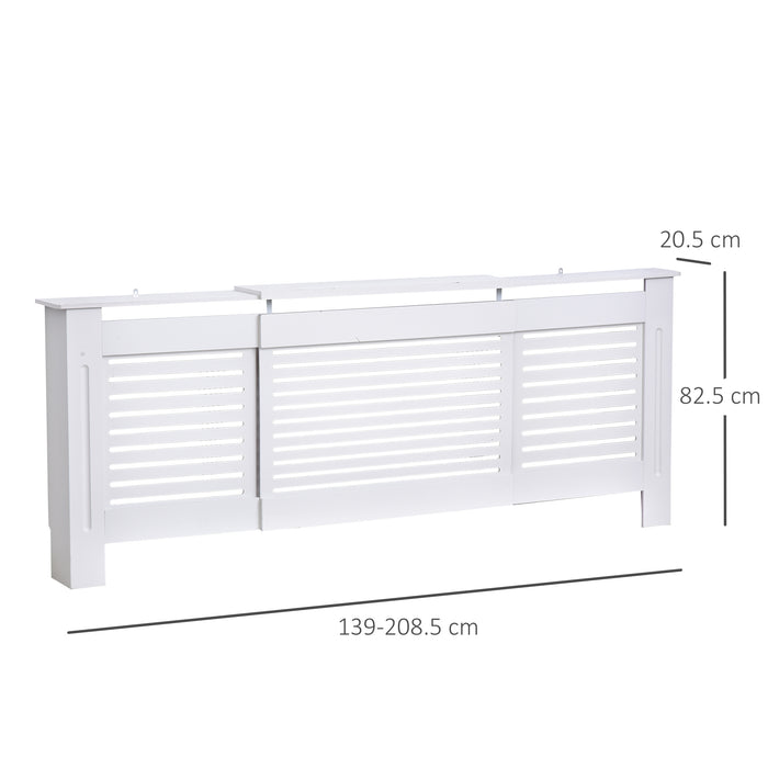 Extendable White MDF Radiator Cover Cabinet - Slatted Design with Shelving for Home and Office - Adjustable Length for Custom Fit (139-208.5cm L, 20.5cm W, 82.5cm H)