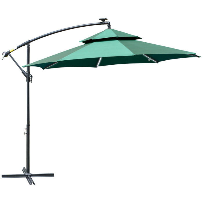 Cantilever 3m Banana Hanging Parasol - Double Roof Design with Solar LED Lights & Crank Mechanism, 8 Robust Ribs - Ideal Outdoor Shade for Patio or Garden