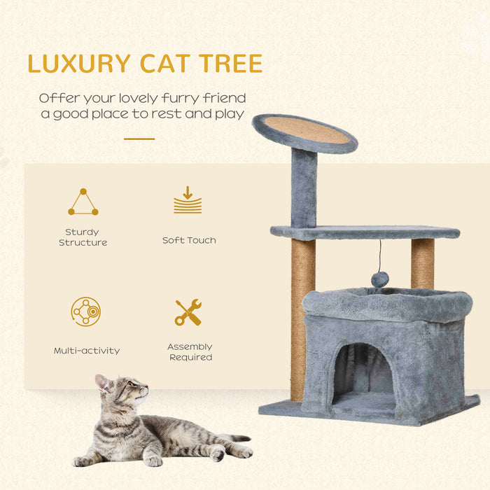 Kitten Activity Center with Scratching Posts - Multi-Level Cat Tree Tower with Condo Perch Bed & Interactive Ball Toy, 48x48x84cm - Ideal for Playful Cats and Kittens, Grey