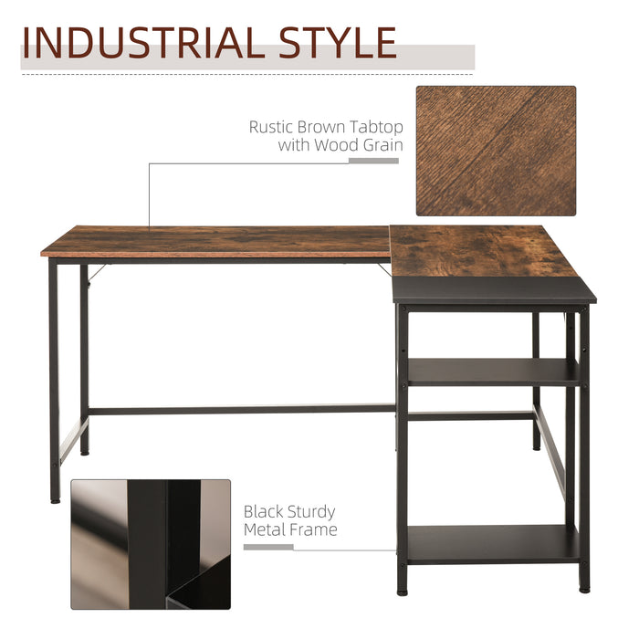 L-Shaped Industrial Computer Desk - Space-Efficient Corner Writing Desk with Adjustable Storage Shelf - Ideal for Home Office and Workstation in Rustic Brown