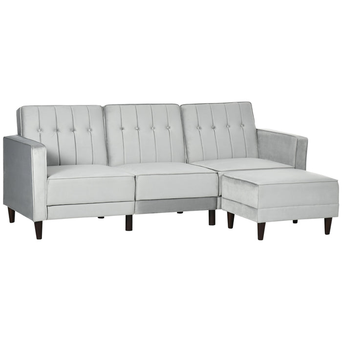 L-Shape Sleeper Sofa Set with Matching Ottoman - 3-Seater Convertible Couch and Footrest in Light Grey - Ideal for Living Room and Space Optimization