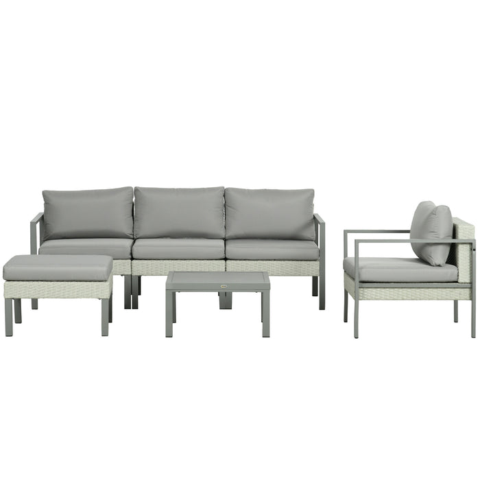 Outdoor Elegance Lounge Ensemble - 6-Piece Patio Furniture Set with Sofa, Armchair, Stool & Metal Table, Cushions Included - Ideal for Garden and Deck Comfort, Light Grey