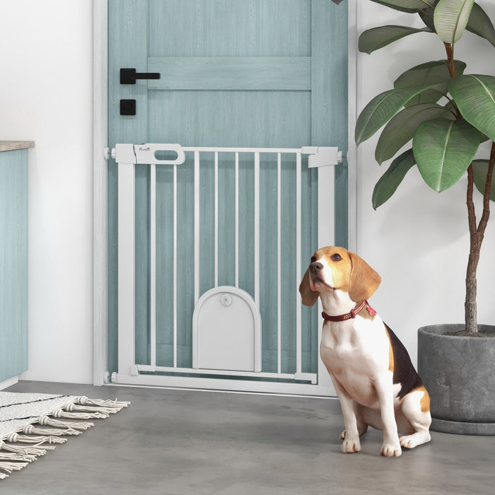 Pressure Fit Double Locking Pet Safety Gate, 75-82cm - Includes Cat Flap for Doorways and Hallways, White - Ideal Barrier for Pets and Small Animals