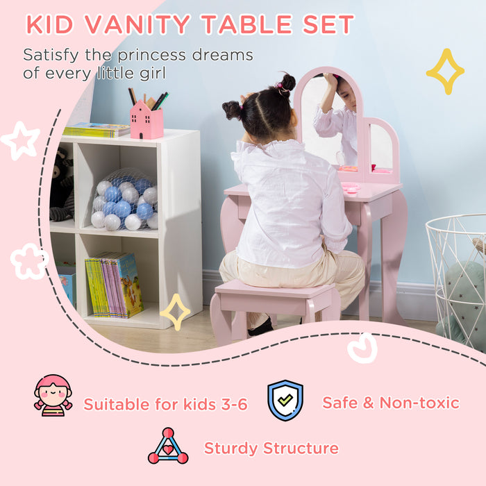 Kids Vanity Set with Stool and Mirror - Dressing Table with Drawer, Girls' Pink Makeup Desk - Perfect for 3-6 Year Old Children's Playtime and Creativity