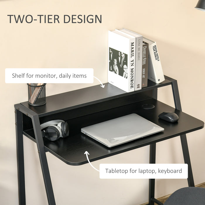 Modern Black Writing Desk - Computer Table with Storage Shelf for Home Office - Space-Saving Workstation for PC and Laptop Users