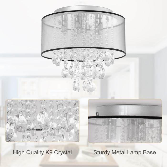 Contemporary Crystal Chandelier - LED Flush Mount Ceiling Fixture with Drum Shade, Silver - Perfect for Living Rooms, Bedrooms, Dining Areas