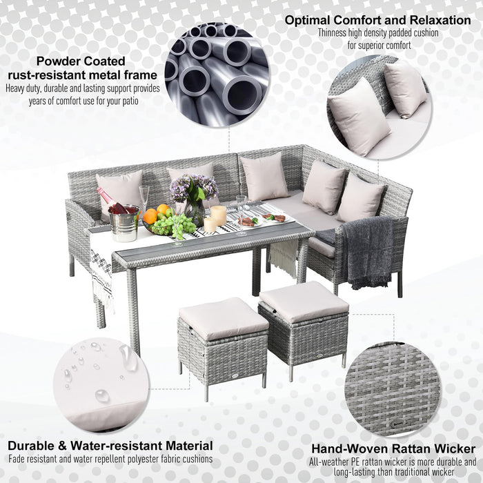 Outdoor Rattan 6-Seat Corner Dining Set - Wicker Sofa, Foot Stool & Dining Table with White Cushions - Ideal for Garden and Patio Entertainment