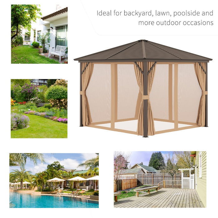 Aluminium Patio Gazebo 3x3 Meters - Hardtop Metal Roof Canopy with Mesh Curtains & Side Walls, Brown - Elegant Outdoor Shelter for Garden Parties & Events