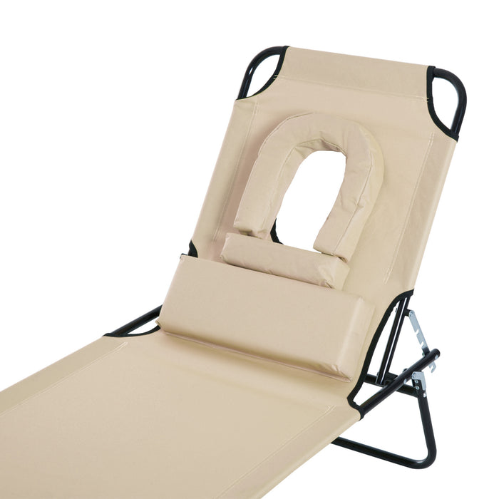 Foldable Sun Lounger with Pillow - Reclining Chair with Reading Hole for Garden & Beach - Outdoor Adjustable Recliner in Beige for Relaxation