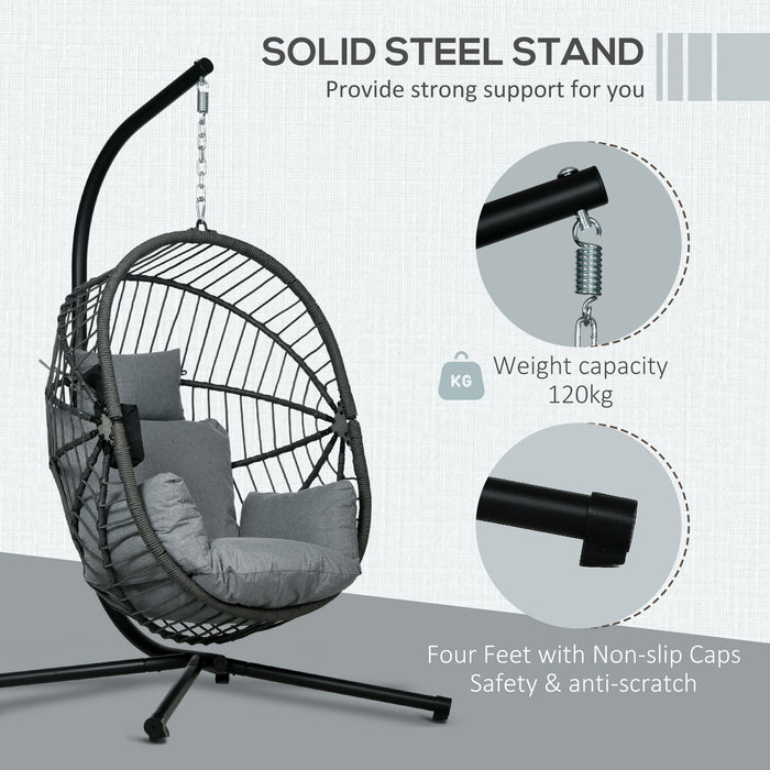 Outdoor Swing Chair with Padded Comfort - Patio Hanging Lounger with Sturdy Metal Stand and Foldable Design - Features Cup Holder and Rugged Rope Support for Backyard Relaxation