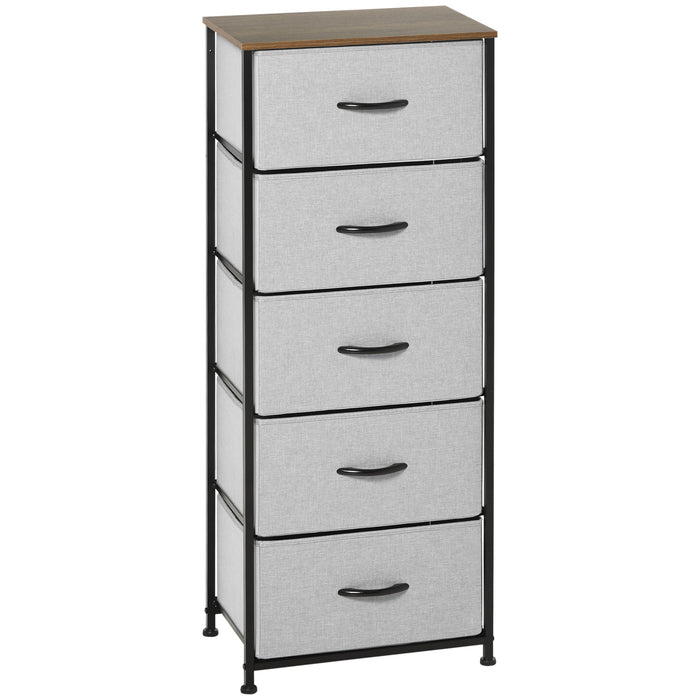 Industrial Bedroom Dresser with 5 Fabric Drawers - Steel Frame and Wooden Top Storage Solution - Ideal for Nursery and Living Room, Grey Color