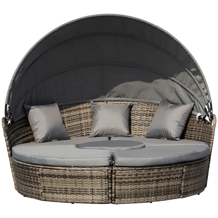 Rattan Outdoor Lounging Set - Cushioned Wicker Round Sofa Bed with Matching Coffee Table - Ideal for Patio Conversations and Relaxation in Grey