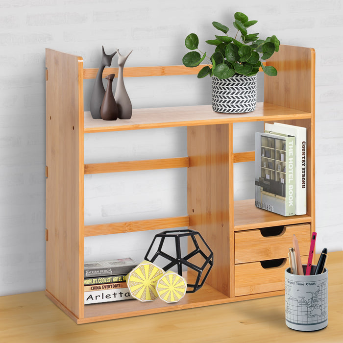 Bamboo Desk Organizer with Compartments - Multi-Tier Desktop Bookshelf and Stationery Storage, Document File Holder with 2 Drawers - Versatile 2-Way Reversible Design for Office Organization