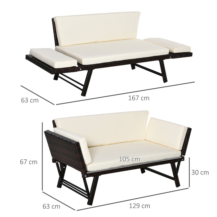 2-Seater Rattan Daybed Sofa - Folding Garden Chaise Loveseat with Cushion, Brown - Ideal for Patio Relaxation and Comfort