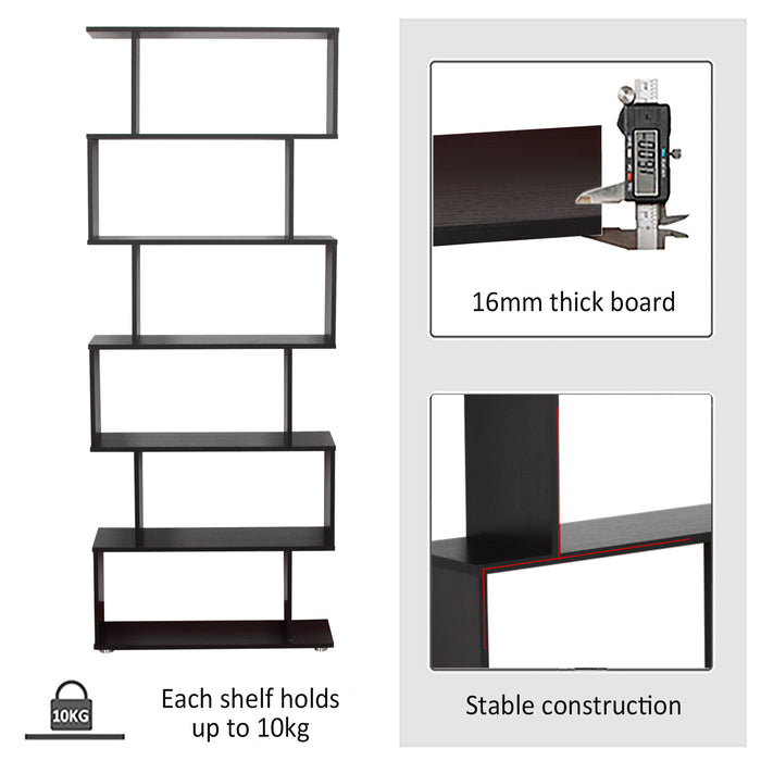 S Shape 6-Tier Wooden Bookshelf - Open Concept Bookcase Storage and Display Unit, Black - Ideal for Home Office and Living Room Organization