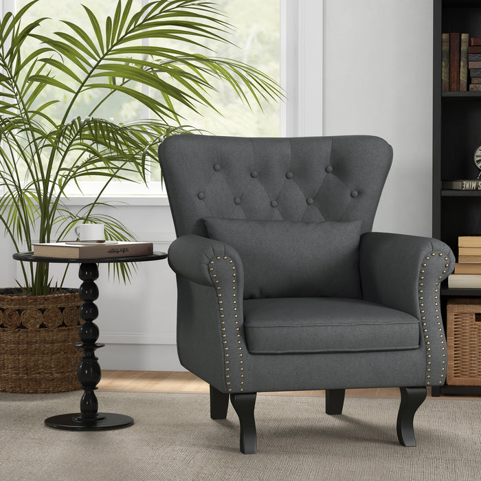 Chesterfield-Style Wingback Chair - Tufted, Nailhead-Trimmed Armchair with Pillow in Dark Grey - Elegant Seating Solution for Living Room and Bedroom