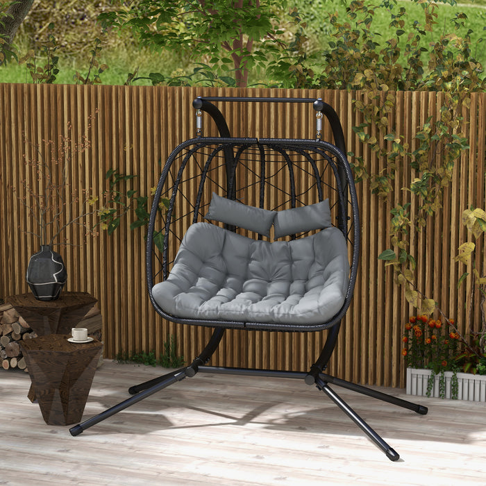 PE Rattan Outdoor Double Swing Chair with Metal Stand - Thick Padded Cushion and Headrest for Ultimate Comfort - Ideal Patio Hanging Seat for Couples or Friends