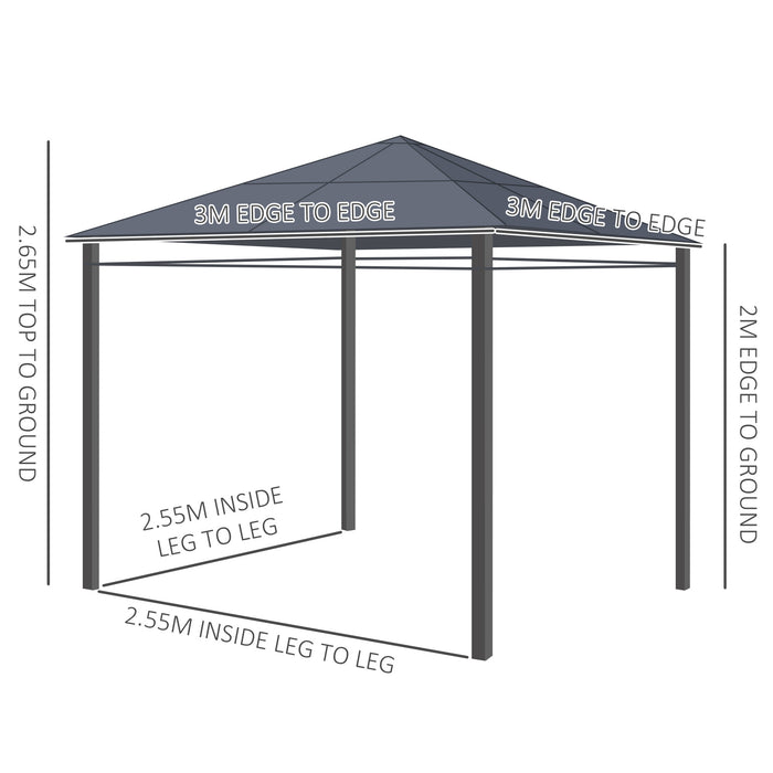 Hardtop Gazebo 3x3m - UV-Resistant Polycarbonate Roof, Steel & Aluminum Construction, Garden Pavilion - Outdoor Shelter with Curtains, Ideal for Backyard & Patio Entertainment